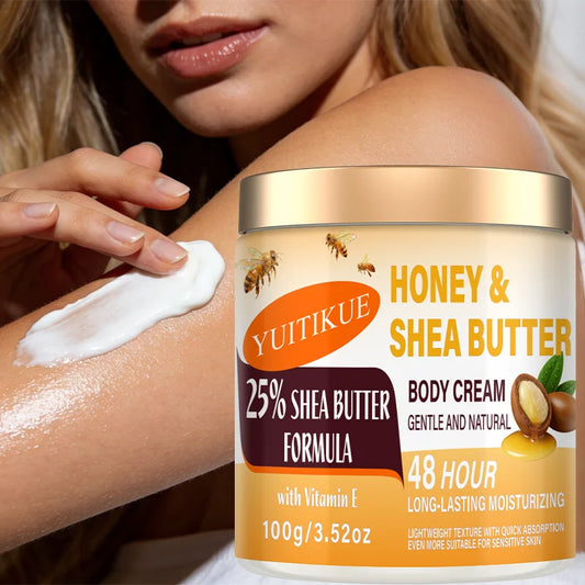 YUITIKUE Crème pour le corps au beurre de karité 25% 100g - 48H Hydratant pour le visage, le corps, les mains et les pieds, miel et vitamine E, soin tout-en-un