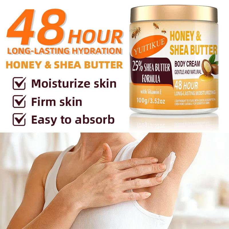 YUITIKUE Crème pour le corps au beurre de karité 25% 100g - 48H Hydratant pour le visage, le corps, les mains et les pieds, miel et vitamine E, soin tout-en-un