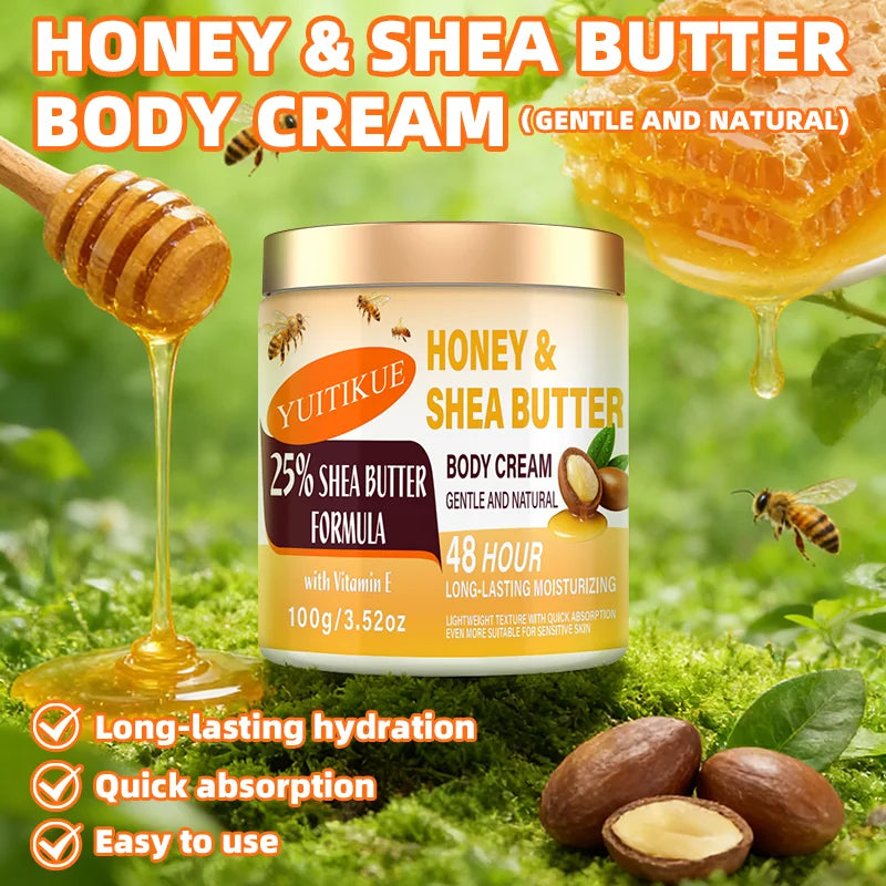 YUITIKUE Crème pour le corps au beurre de karité 25% 100g - 48H Hydratant pour le visage, le corps, les mains et les pieds, miel et vitamine E, soin tout-en-un